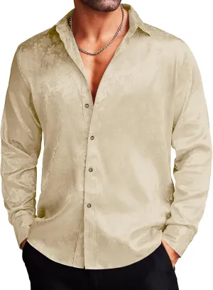 COOFANDY Men's Silk Satin Dress Shirts Jacquard Long Sleeve Floral Button Up Shirts Party Prom Wedding Shirt