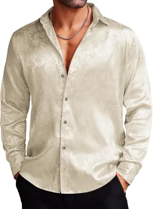 COOFANDY Men's Silk Satin Dress Shirts Jacquard Long Sleeve Floral Button Up Shirts Party Prom Wedding Shirt