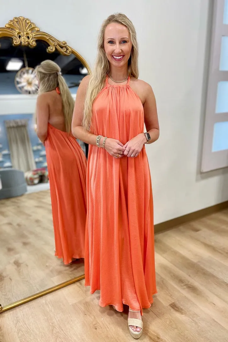 Coral Breeze Halter Maxi Dress