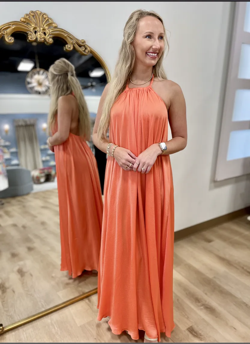 Coral Breeze Halter Maxi Dress