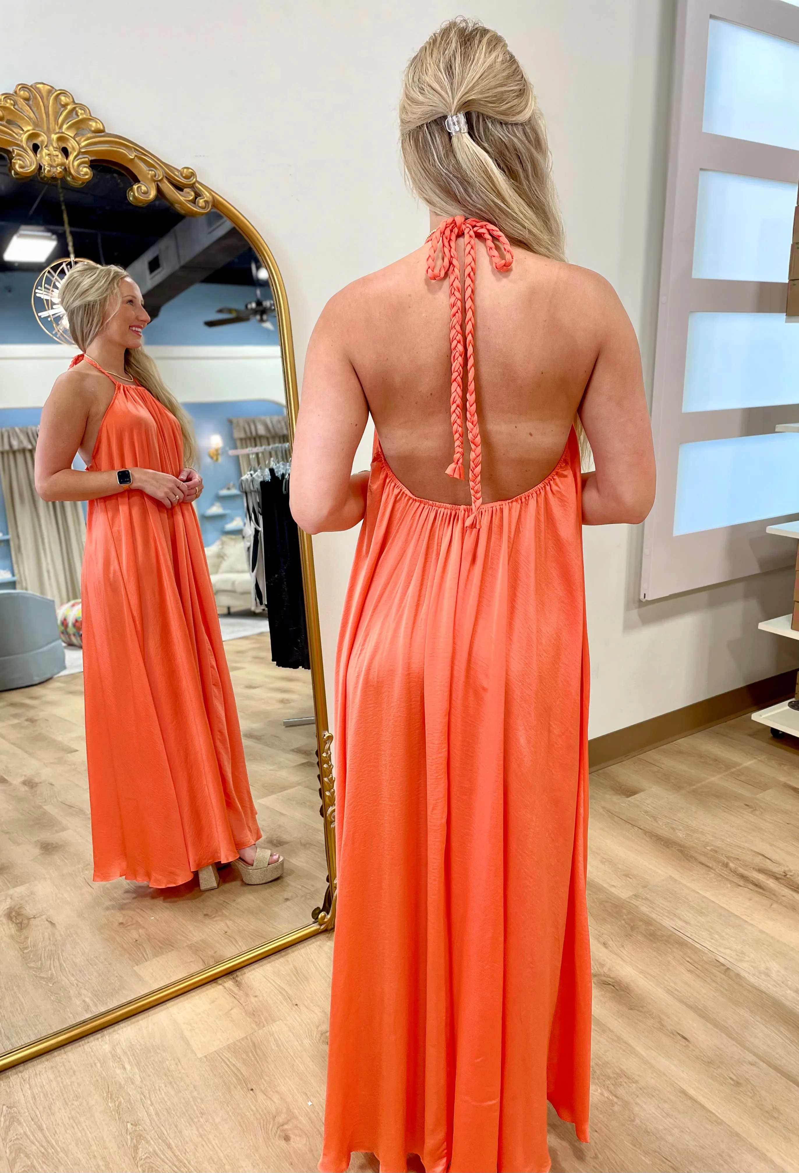 Coral Breeze Halter Maxi Dress