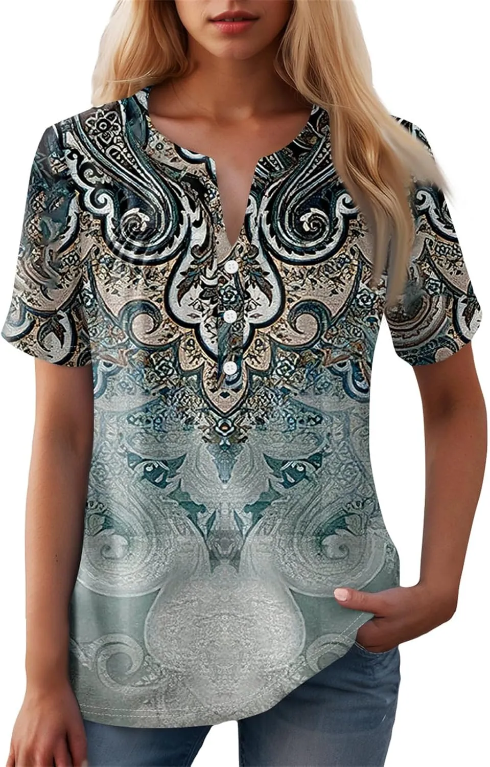 COTECRAM Summer Tops for Women 2025 Trendy V Neck Short Sleeve Tshirts Business Casual Basic Tee Loose Fit Boho Floral Shirts