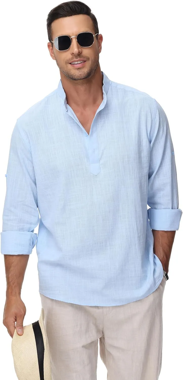 Cotton Linen Shirts for Men Lightweight Casual Long Sleeve Henley Beach Hawaiian Tops