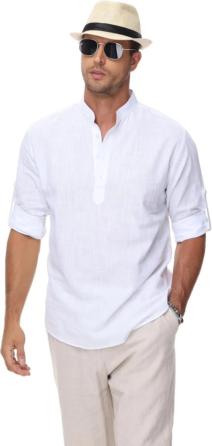 Cotton Linen Shirts for Men Lightweight Casual Long Sleeve Henley Beach Hawaiian Tops