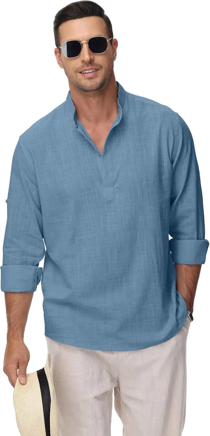 Cotton Linen Shirts for Men Lightweight Casual Long Sleeve Henley Beach Hawaiian Tops