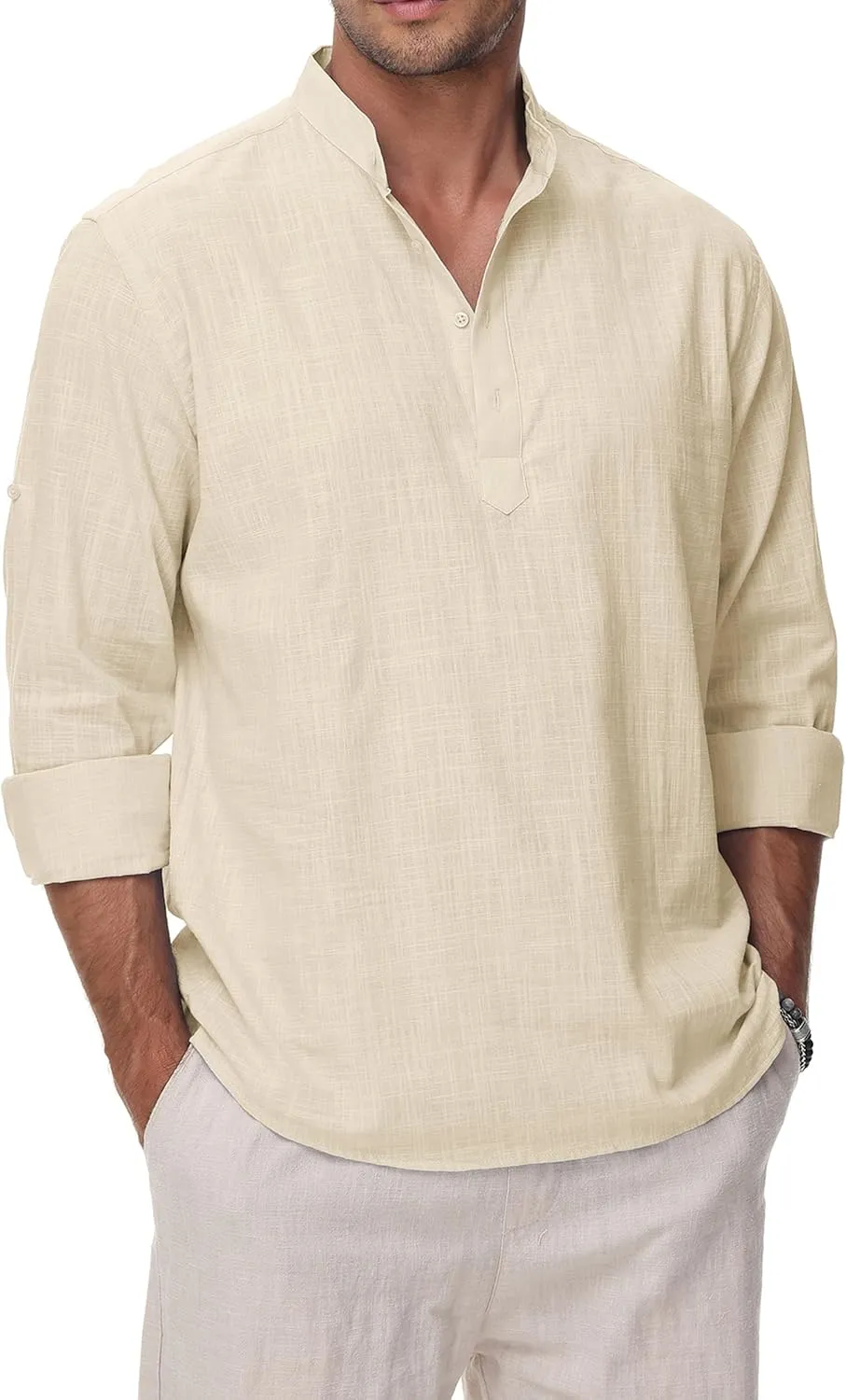 Cotton Linen Shirts for Men Lightweight Casual Long Sleeve Henley Beach Hawaiian Tops