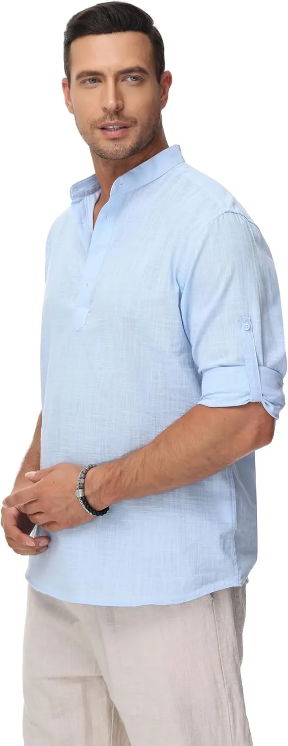 Cotton Linen Shirts for Men Lightweight Casual Long Sleeve Henley Beach Hawaiian Tops