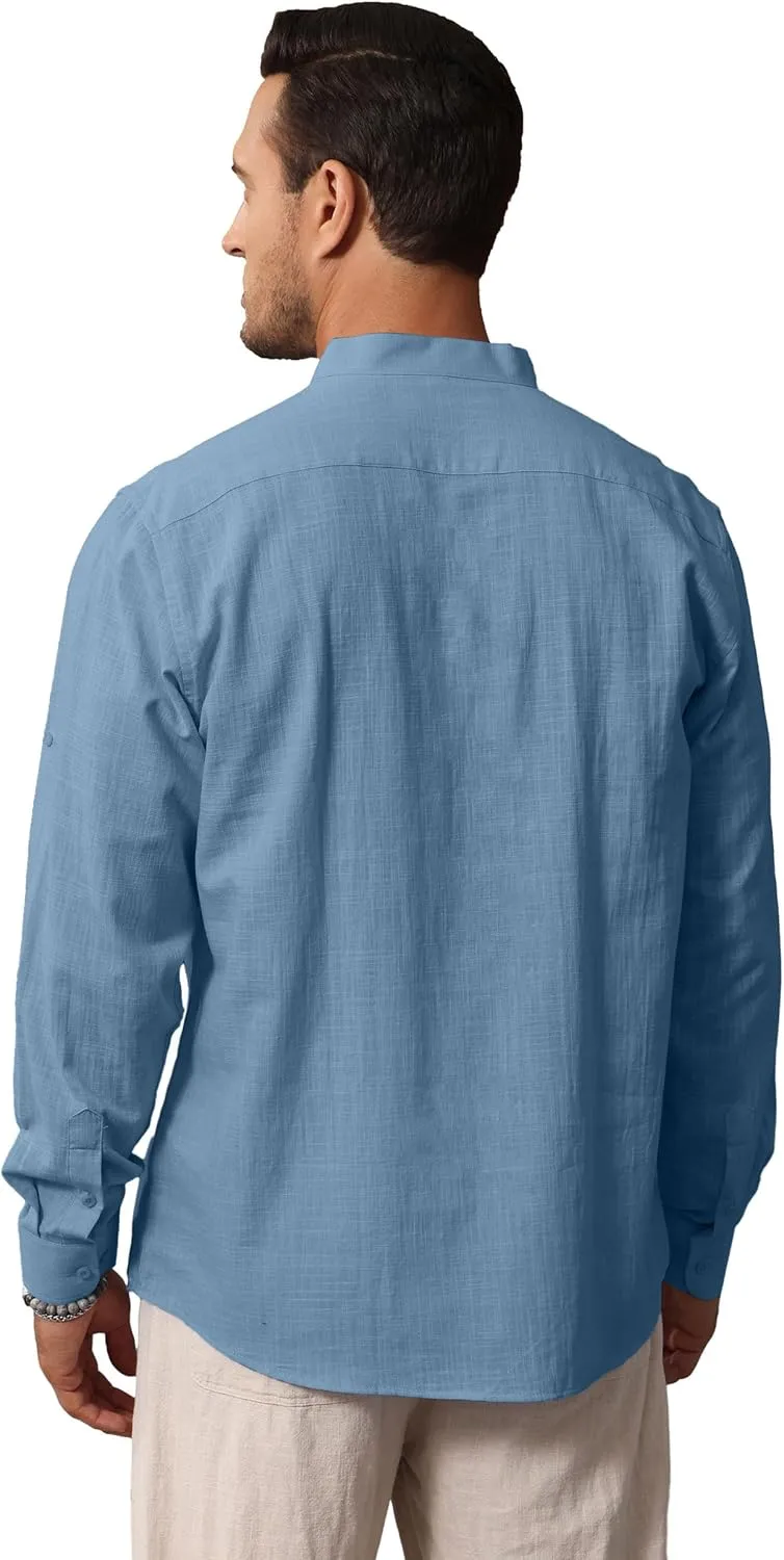 Cotton Linen Shirts for Men Lightweight Casual Long Sleeve Henley Beach Hawaiian Tops