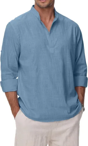 Cotton Linen Shirts for Men Lightweight Casual Long Sleeve Henley Beach Hawaiian Tops