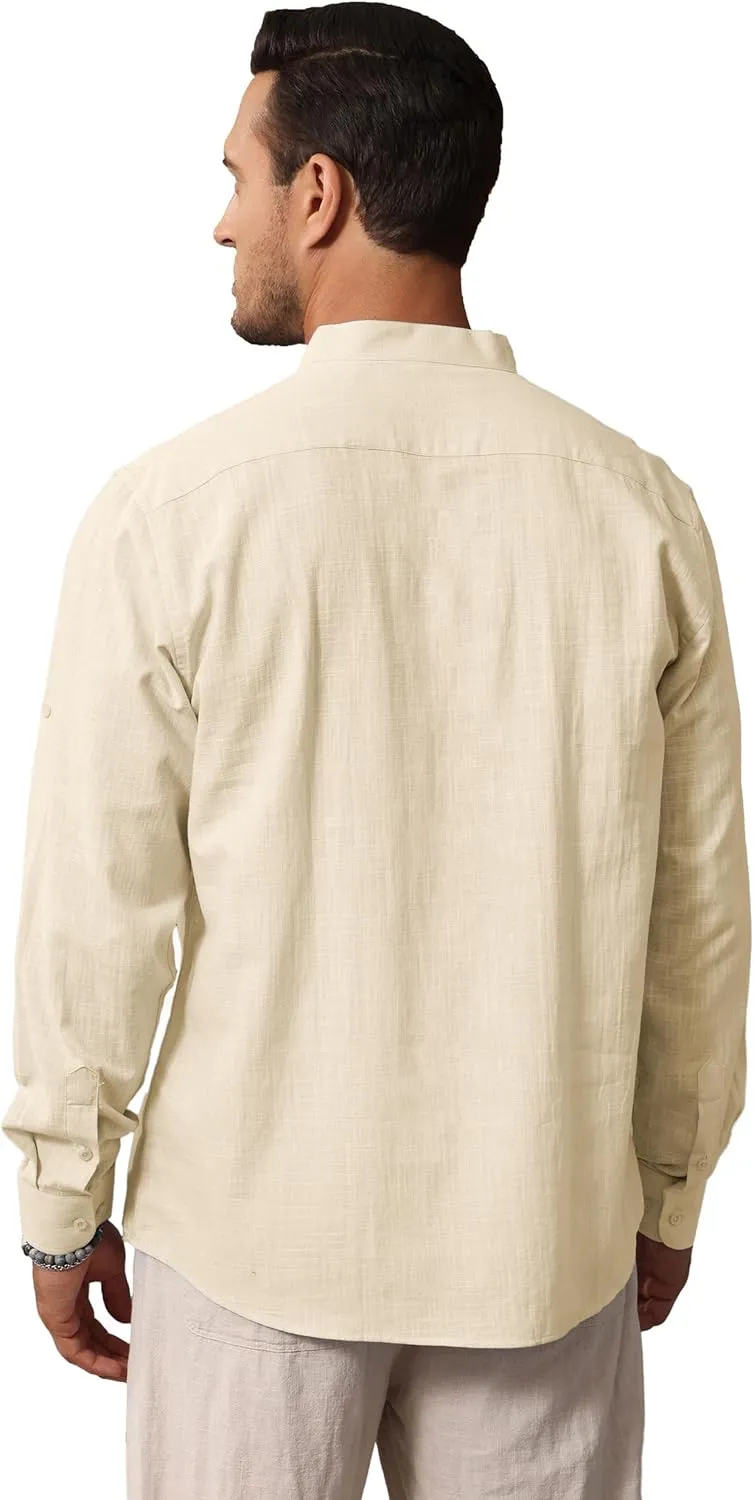 Cotton Linen Shirts for Men Lightweight Casual Long Sleeve Henley Beach Hawaiian Tops