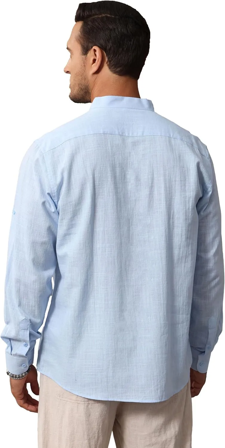 Cotton Linen Shirts for Men Lightweight Casual Long Sleeve Henley Beach Hawaiian Tops