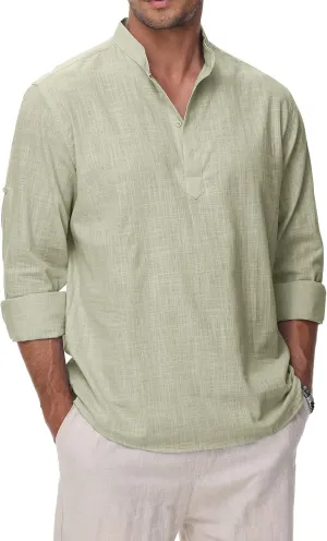 Cotton Linen Shirts for Men Lightweight Casual Long Sleeve Henley Beach Hawaiian Tops
