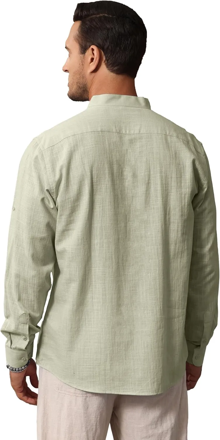 Cotton Linen Shirts for Men Lightweight Casual Long Sleeve Henley Beach Hawaiian Tops
