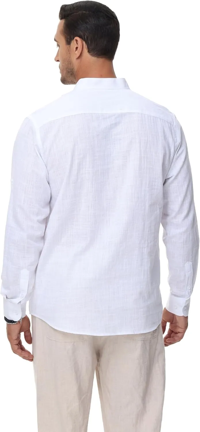 Cotton Linen Shirts for Men Lightweight Casual Long Sleeve Henley Beach Hawaiian Tops
