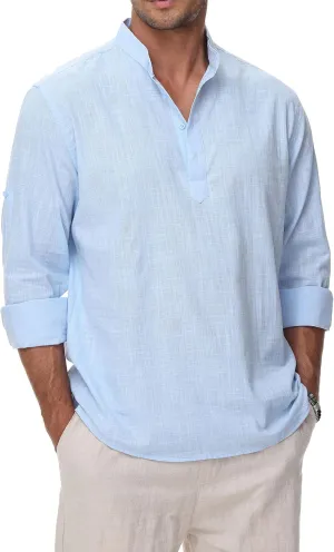 Cotton Linen Shirts for Men Lightweight Casual Long Sleeve Henley Beach Hawaiian Tops
