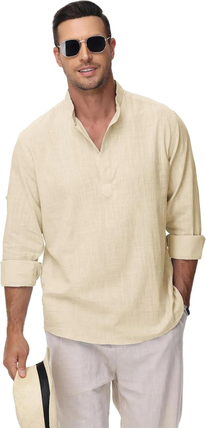Cotton Linen Shirts for Men Lightweight Casual Long Sleeve Henley Beach Hawaiian Tops