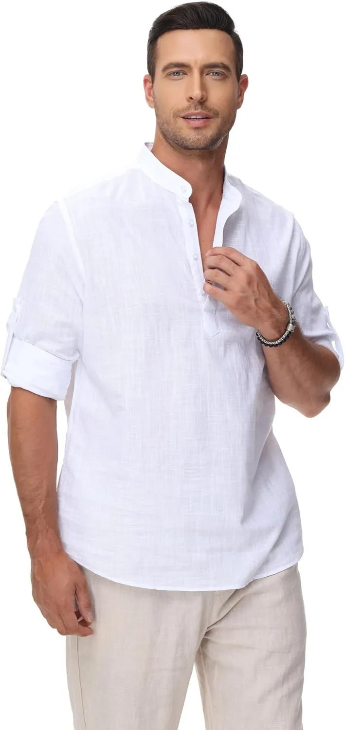 Cotton Linen Shirts for Men Lightweight Casual Long Sleeve Henley Beach Hawaiian Tops