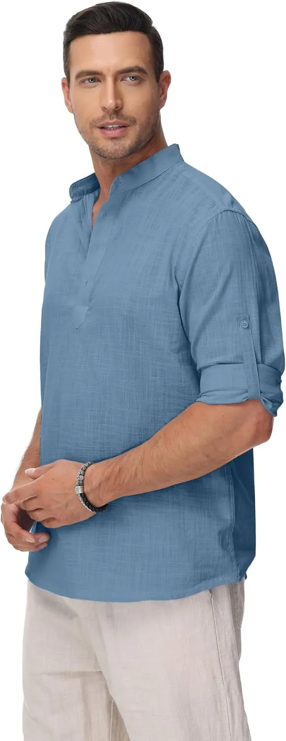 Cotton Linen Shirts for Men Lightweight Casual Long Sleeve Henley Beach Hawaiian Tops