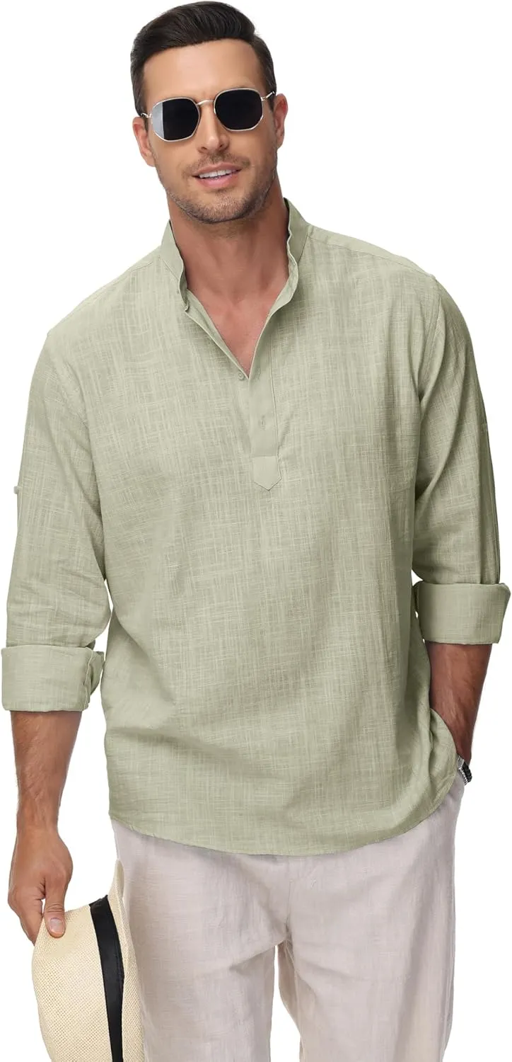 Cotton Linen Shirts for Men Lightweight Casual Long Sleeve Henley Beach Hawaiian Tops
