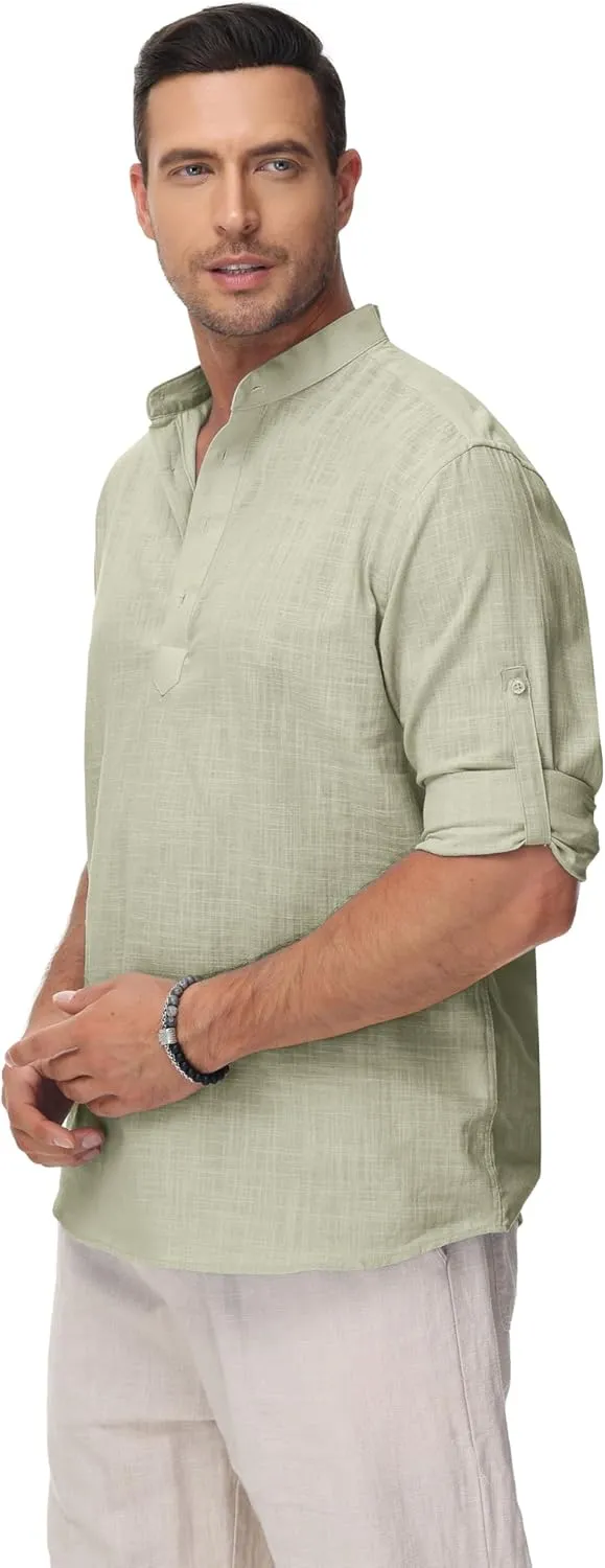 Cotton Linen Shirts for Men Lightweight Casual Long Sleeve Henley Beach Hawaiian Tops