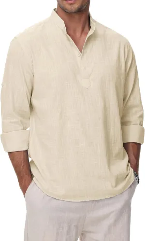 Cotton Linen Shirts for Men Lightweight Casual Long Sleeve Henley Beach Hawaiian Tops