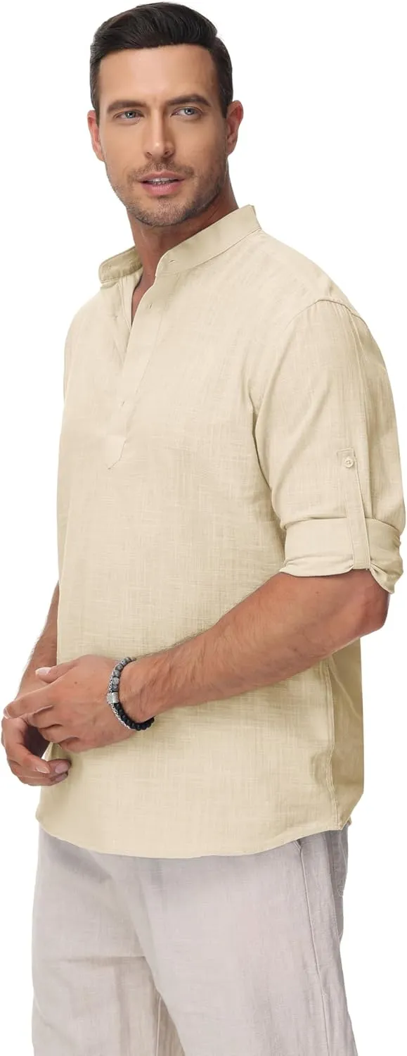 Cotton Linen Shirts for Men Lightweight Casual Long Sleeve Henley Beach Hawaiian Tops