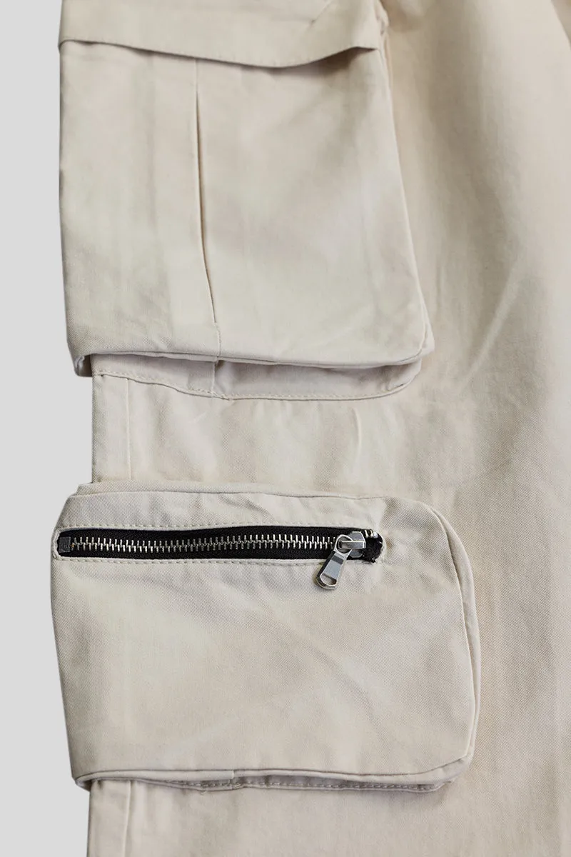 Cream Relaxed Fit Multi-Pocket Cargo Pants
