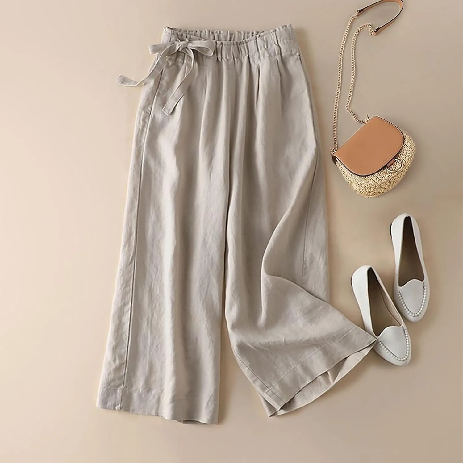 CRNTCEM Womens Relaxed Fit Linen Pants Stretch High Waist Outdoor Beach Yoga Pants Plus Size Casual Athletic Jogger Sweatpant