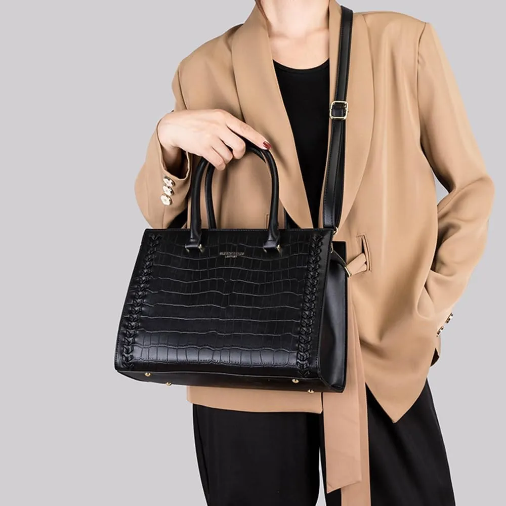Crocodile Pattern Women Leather Satchel Handbag 3PCS Set - Stylish Top Handle Purse, Tote & Crossbody Bag for Ladies (Black)