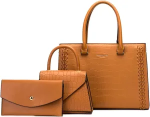 Crocodile Pattern Women Leather Satchel Handbag 3PCS Set - Stylish Top Handle Purse, Tote & Crossbody Bag for Ladies (Black)