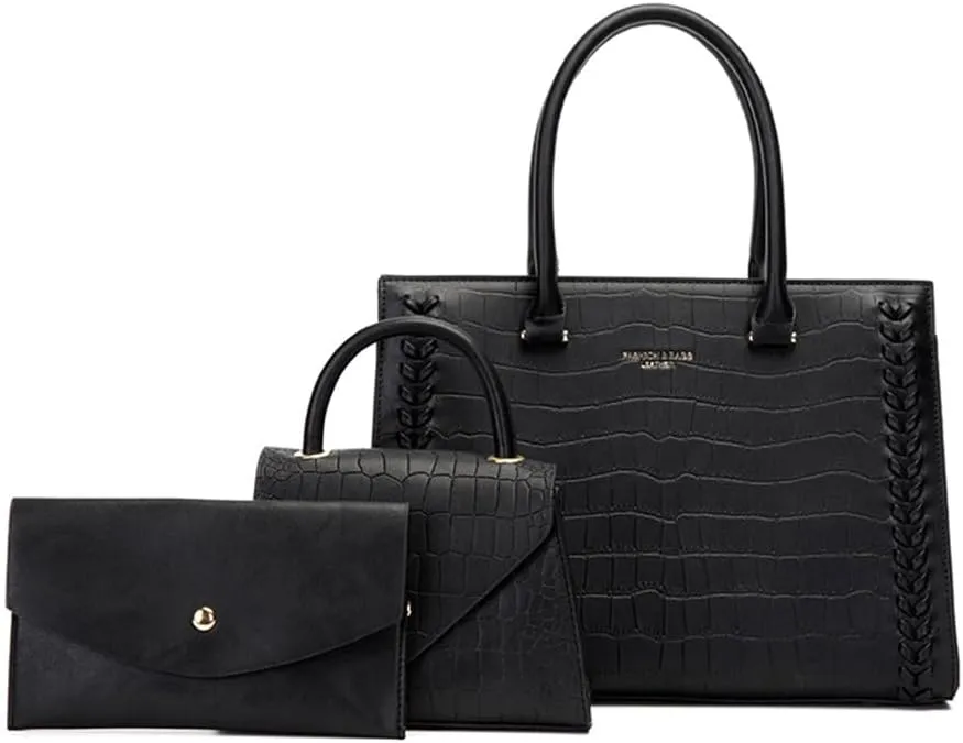 Crocodile Pattern Women Leather Satchel Handbag 3PCS Set - Stylish Top Handle Purse, Tote & Crossbody Bag for Ladies (Black)