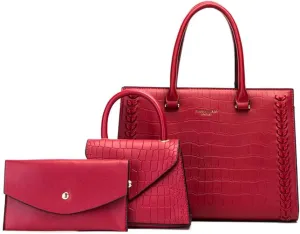 Crocodile Pattern Women Leather Satchel Handbag 3PCS Set - Stylish Top Handle Purse, Tote & Crossbody Bag for Ladies (Black)