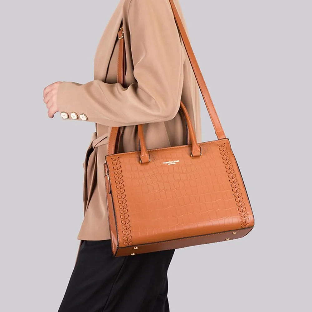 Crocodile Pattern Women Leather Satchel Handbag 3PCS Set - Stylish Top Handle Purse, Tote & Crossbody Bag for Ladies (Black)