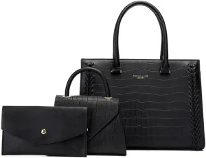 Crocodile Pattern Women Leather Satchel Handbag 3PCS Set - Stylish Top Handle Purse, Tote & Crossbody Bag for Ladies (Black)