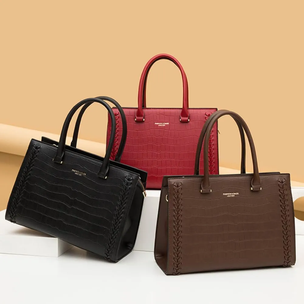 Crocodile Pattern Women Leather Satchel Handbag 3PCS Set - Stylish Top Handle Purse, Tote & Crossbody Bag for Ladies (Black)
