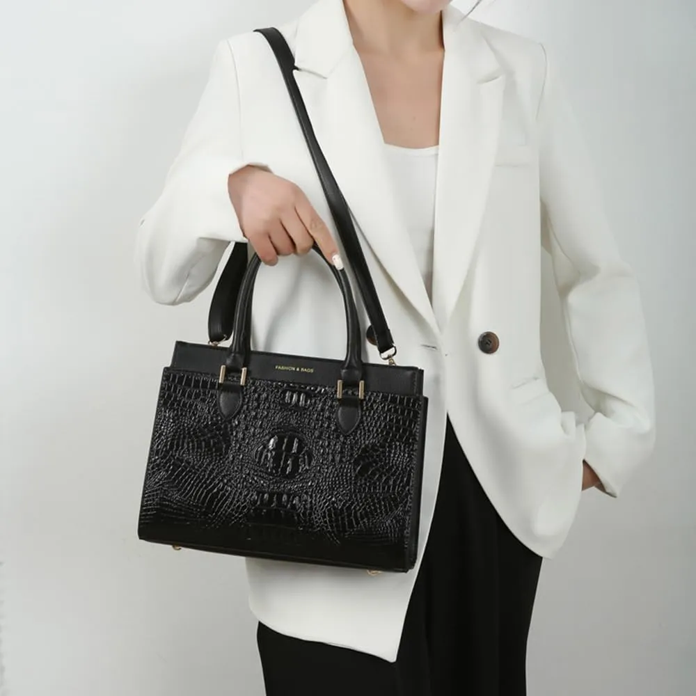 Crocodile Pattern Women Top Handle Purse Set | Leather Satchel Handbag & Crossbody Bag with Clutch - Green