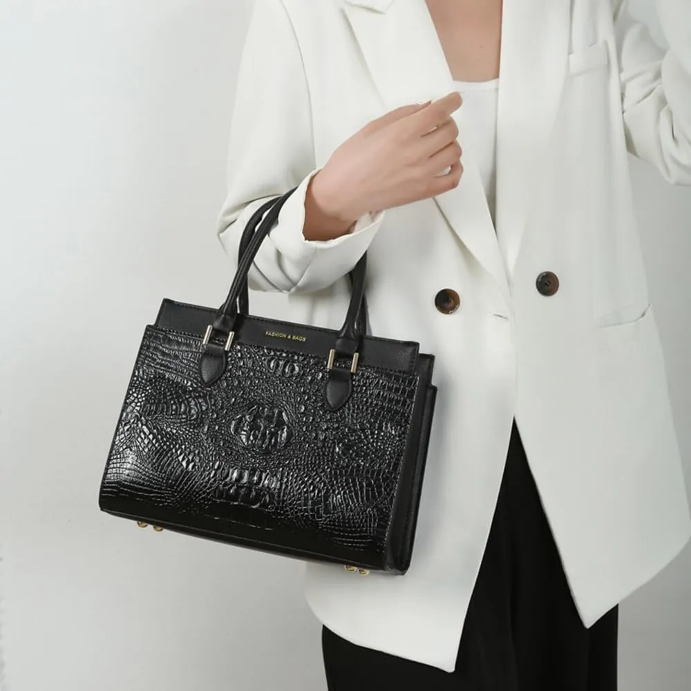 Crocodile Pattern Women Top Handle Purse Set | Leather Satchel Handbag & Crossbody Bag with Clutch - Green