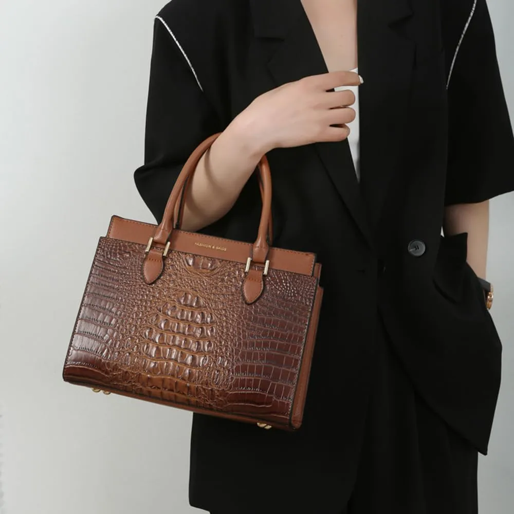 Crocodile Pattern Women Top Handle Purse Set | Leather Satchel Handbag & Crossbody Bag with Clutch - Green