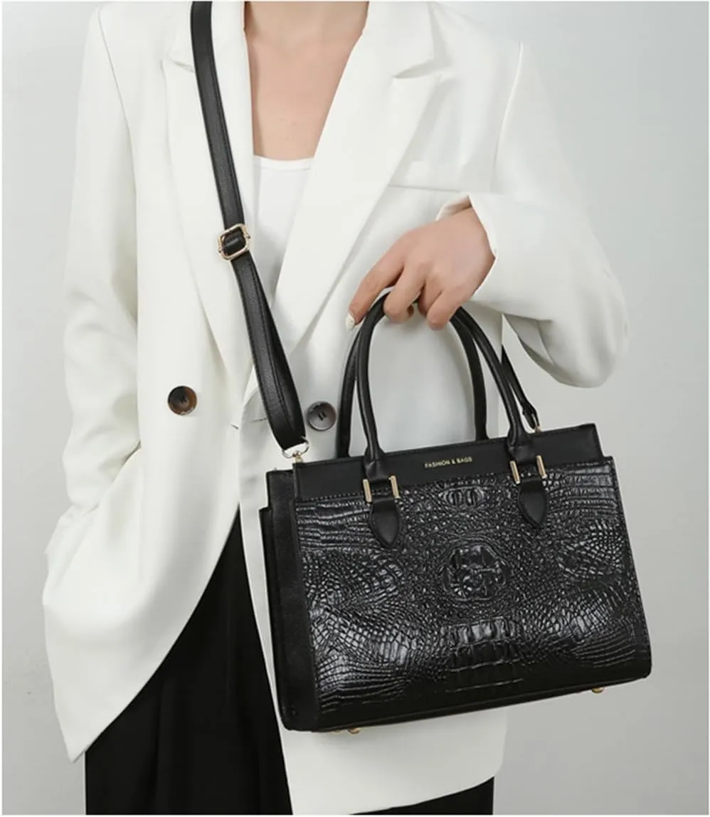 Crocodile Pattern Women Top Handle Purse Set | Leather Satchel Handbag & Crossbody Bag with Clutch - Green
