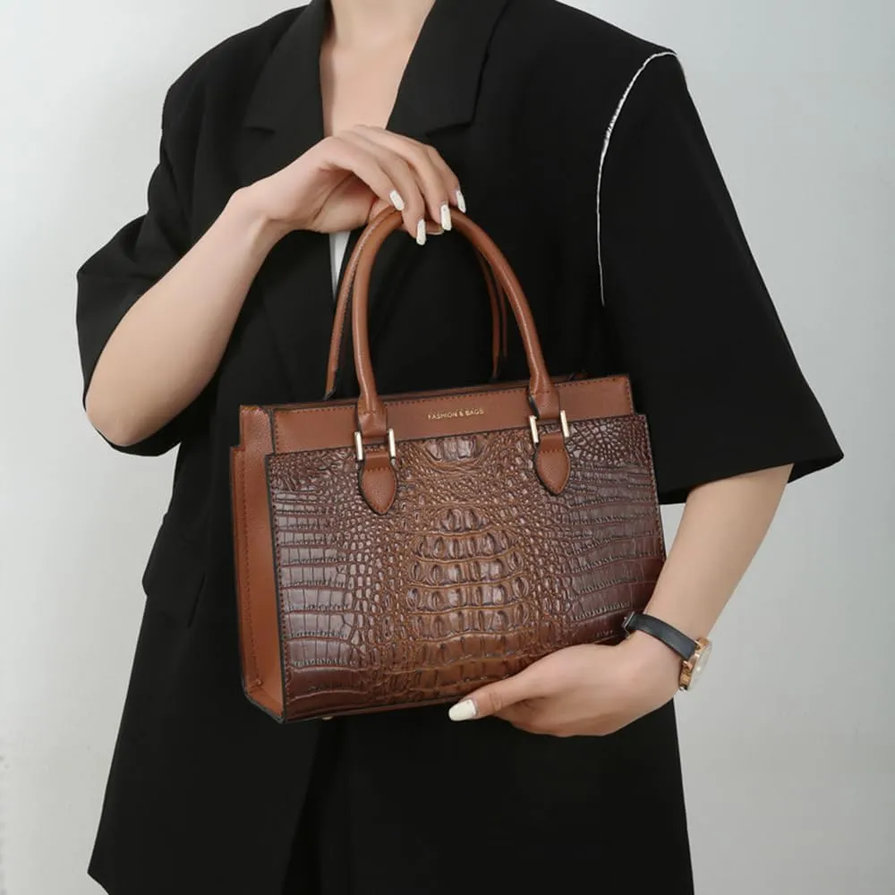 Crocodile Pattern Women Top Handle Purse Set | Leather Satchel Handbag & Crossbody Bag with Clutch - Green