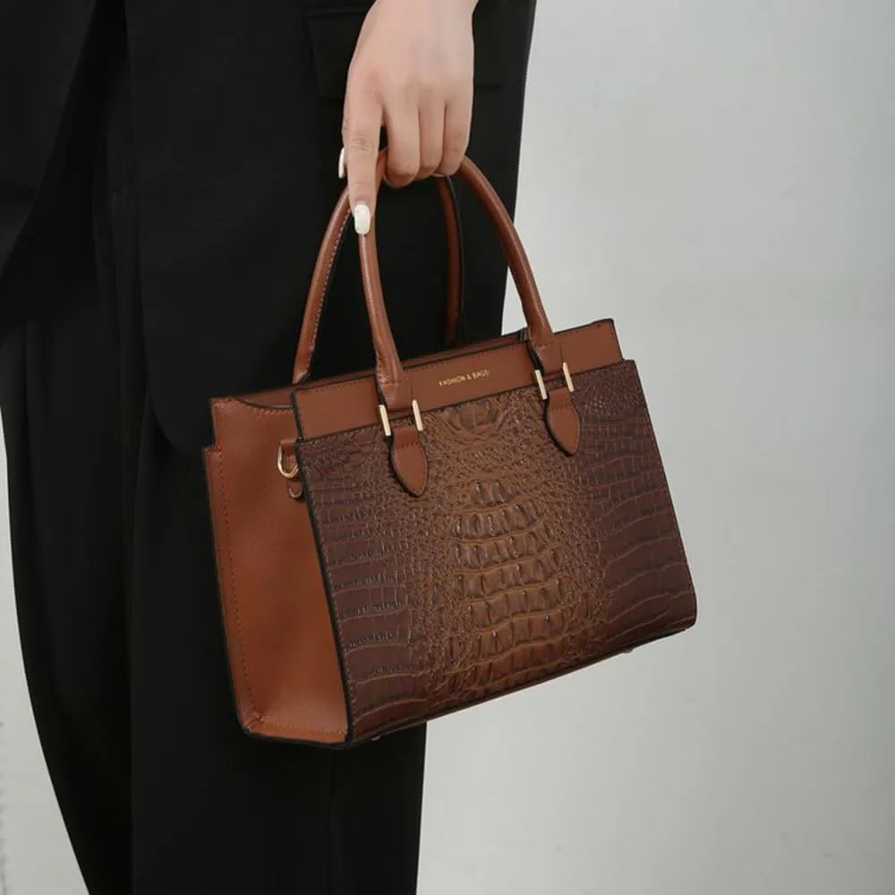 Crocodile Pattern Women Top Handle Purse Set | Leather Satchel Handbag & Crossbody Bag with Clutch - Green