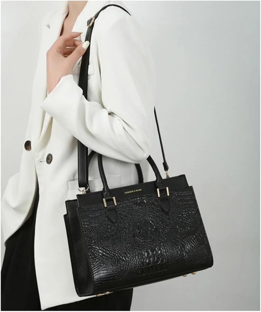 Crocodile Pattern Women Top Handle Purse Set | Leather Satchel Handbag & Crossbody Bag with Clutch - Green