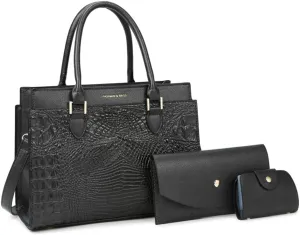Crocodile Pattern Women Top Handle Purse Set | Leather Satchel Handbag & Crossbody Bag with Clutch - Green