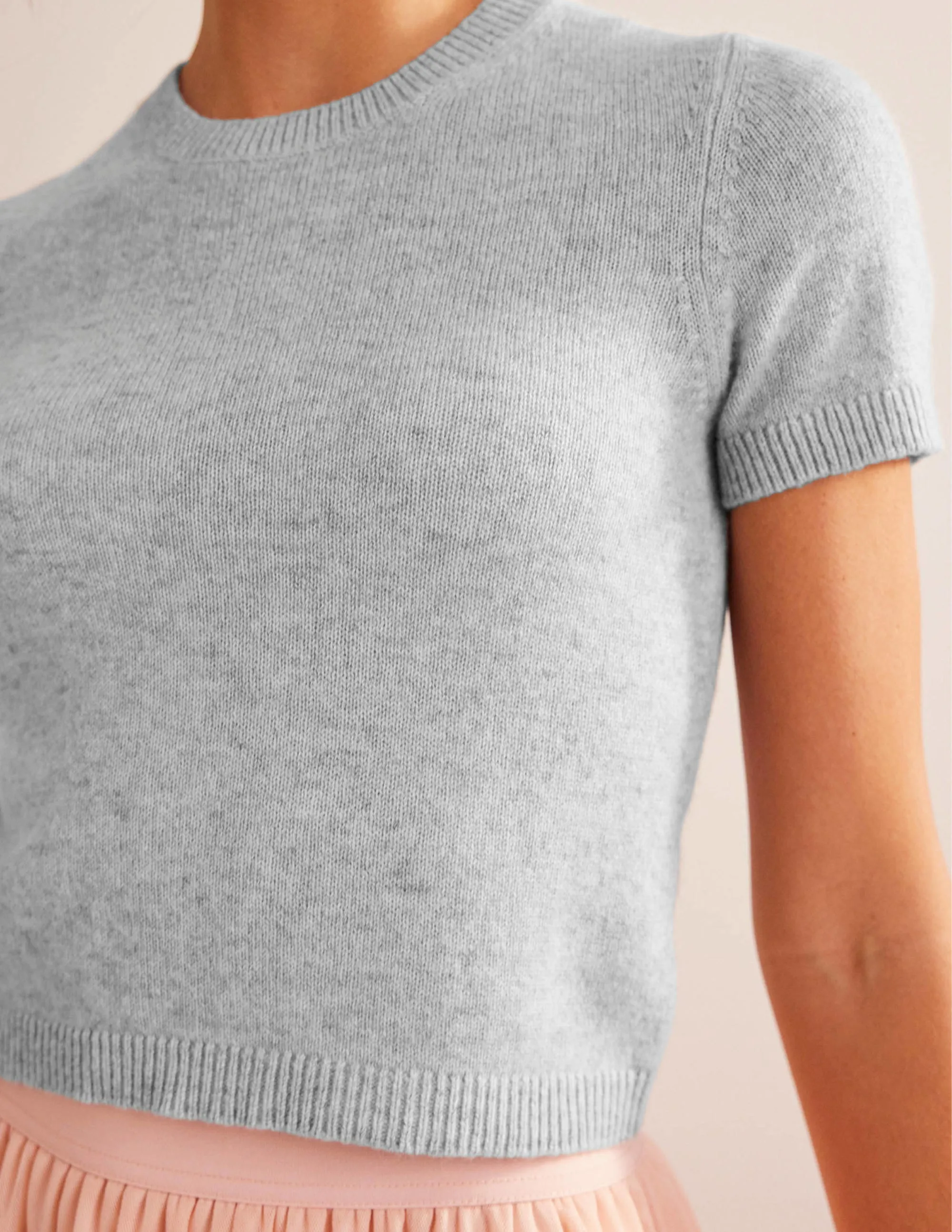 Cropped Cashmere T-Shirt-Pale Grey Melange