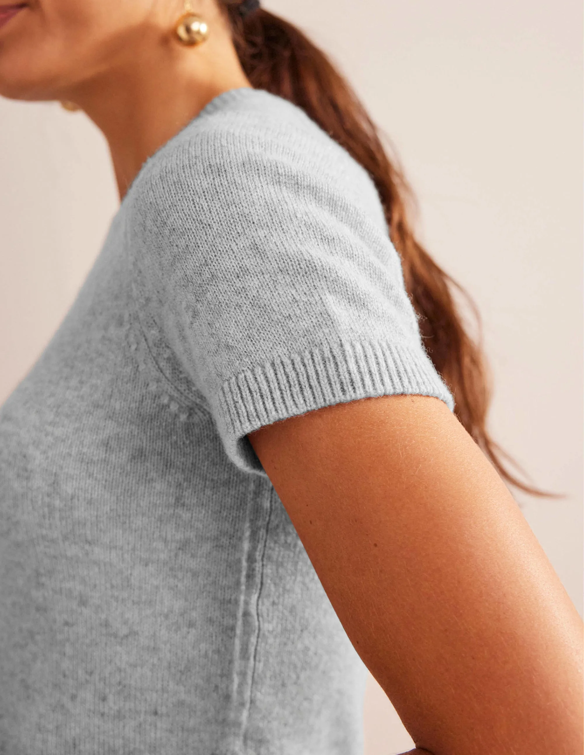 Cropped Cashmere T-Shirt-Pale Grey Melange
