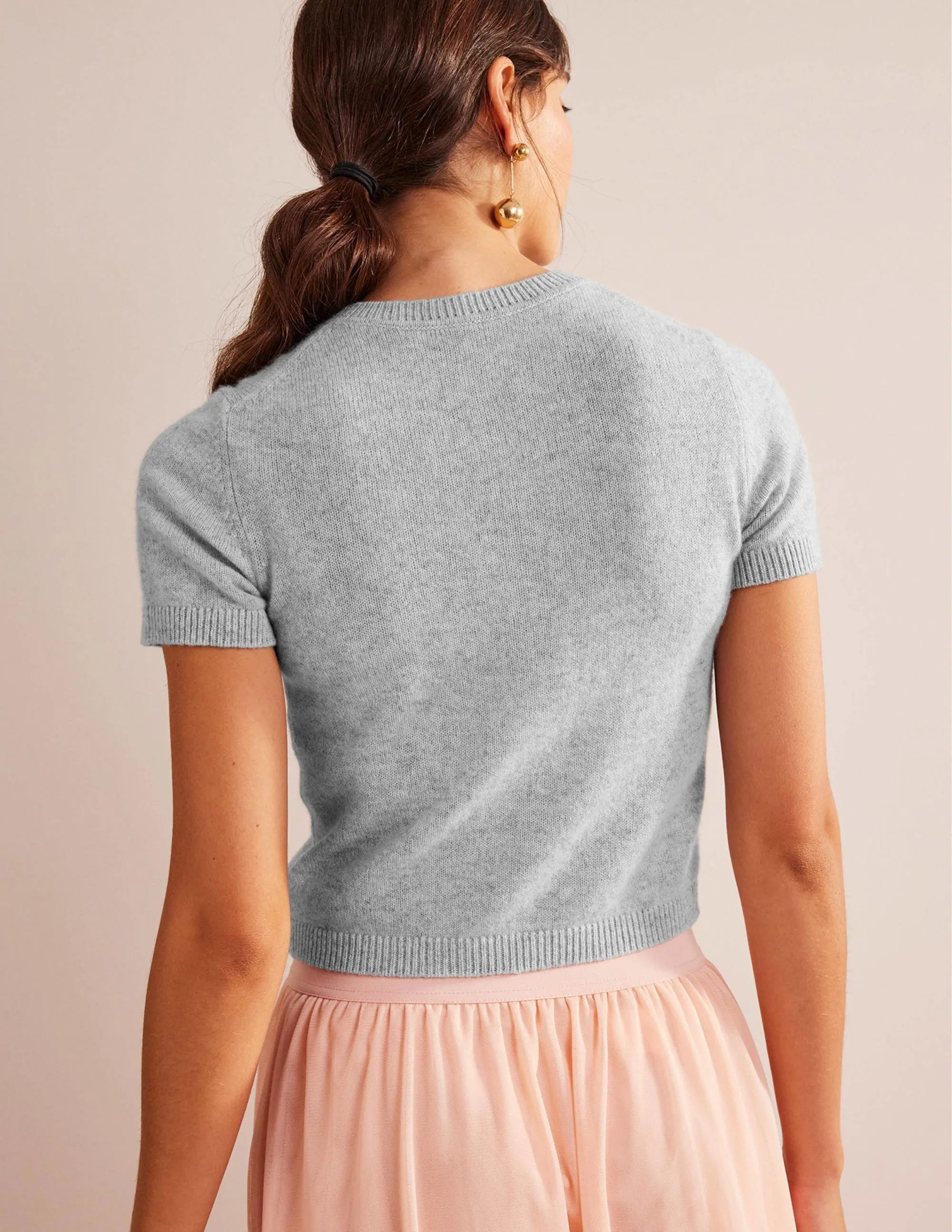 Cropped Cashmere T-Shirt-Pale Grey Melange