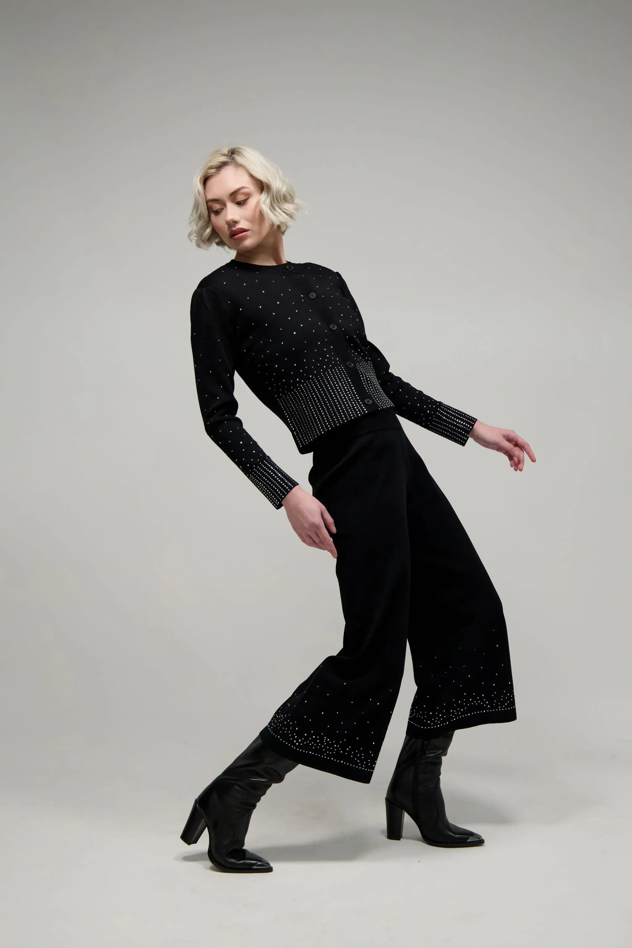Crystal Embellished Wide Leg Knit Pant