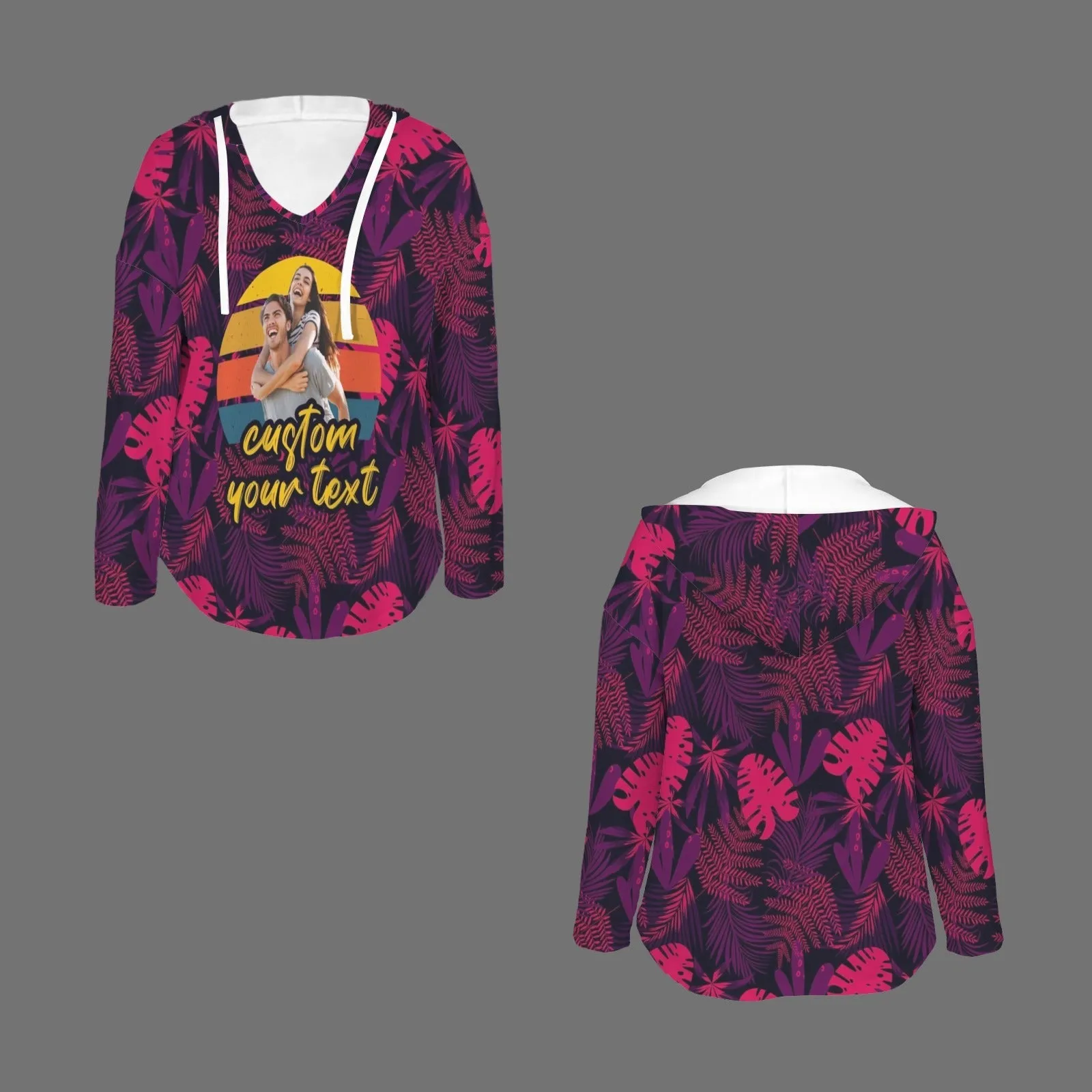 Custom Your Photo&Text V Neck Long Sleeve Drawstring Pullover Hoodies Shirts With Pocket Personalized Hoodie Tops For Women