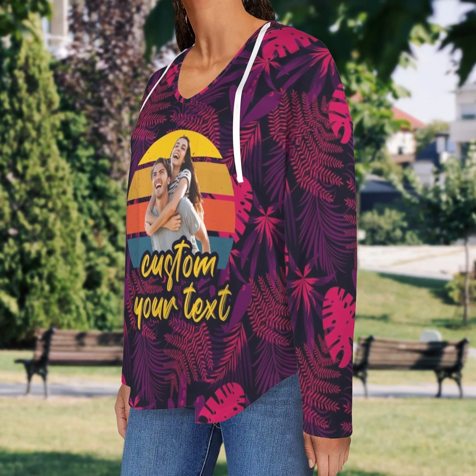 Custom Your Photo&Text V Neck Long Sleeve Drawstring Pullover Hoodies Shirts With Pocket Personalized Hoodie Tops For Women