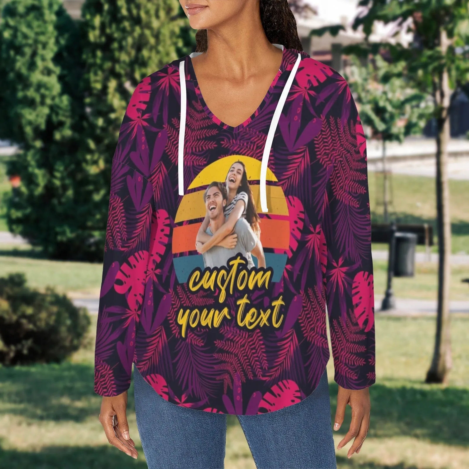 Custom Your Photo&Text V Neck Long Sleeve Drawstring Pullover Hoodies Shirts With Pocket Personalized Hoodie Tops For Women